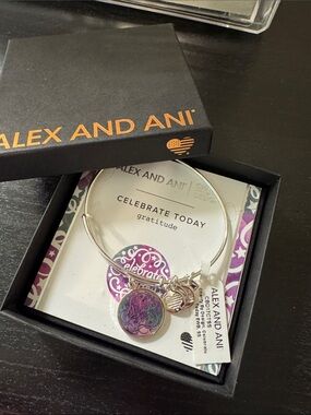 Alex and Ani Silver Bracelet with Purple and Pink Celebrate Charm